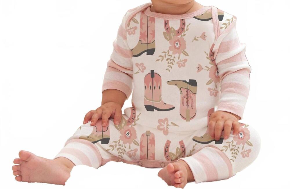 NEW TESA BABE baby girl cowgirl boots long sleeve romper in pink/ivory